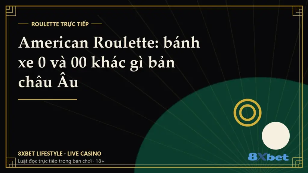 Thẻ bìa art-deco đen vàng với tiêu đề American Roulette: bánh xe 0 và 00 khác gì bản châu Âu