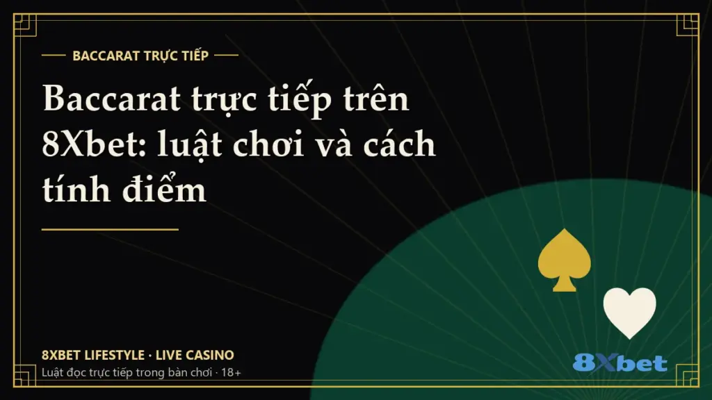 Thẻ bìa đen vàng art-deco in tiêu đề Baccarat trực tiếp trên 8Xbet: luật chơi và cách tính điểm