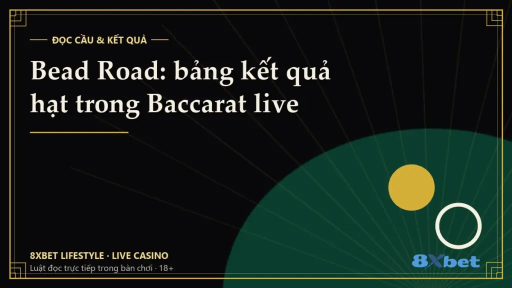 Thẻ bìa đen vàng art-deco in tiêu đề Bead Road: bảng kết quả hạt trong Baccarat live