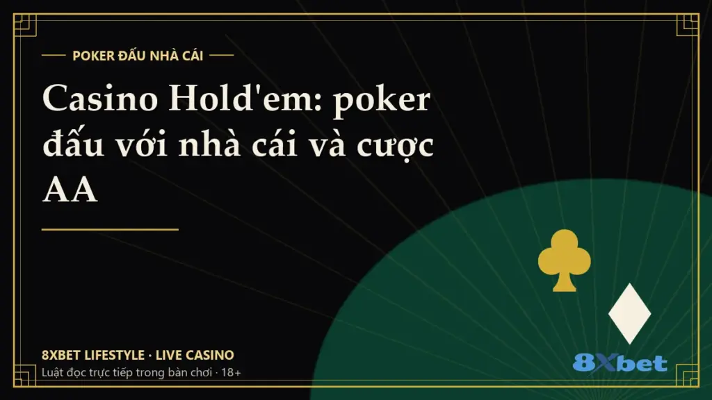 Thẻ bìa đen vàng phong cách art-deco ghi tiêu đề Casino Hold'em: poker đấu với nhà cái và cược AA