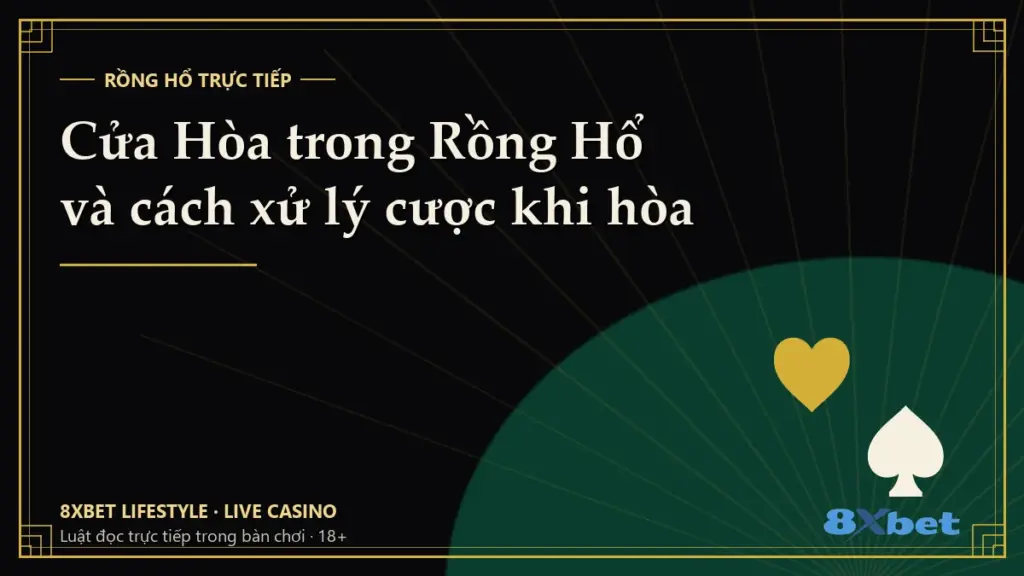 Thẻ bìa đen vàng art-deco ghi tiêu đề “Cửa Hòa trong Rồng Hổ và cách xử lý cược khi hòa”