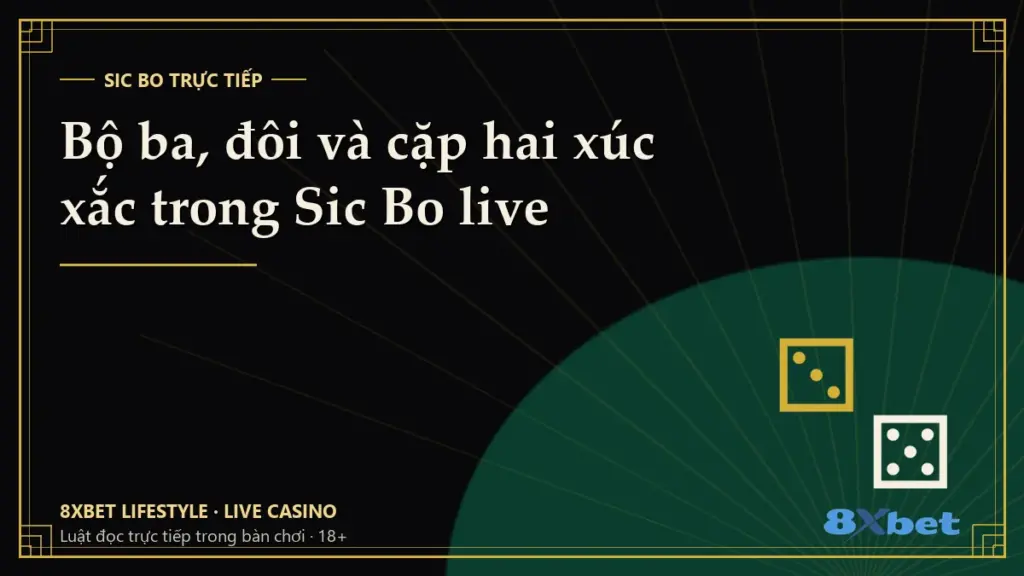 Thẻ bìa đen vàng art-deco ghi tiêu đề “Bộ ba, đôi và cặp hai xúc xắc trong Sic Bo live”