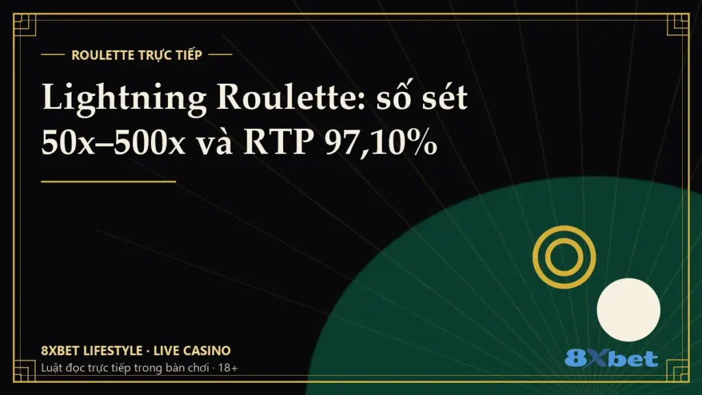Thẻ bìa art-deco đen vàng với tiêu đề Lightning Roulette: số sét 50x–500x và RTP 97,10%