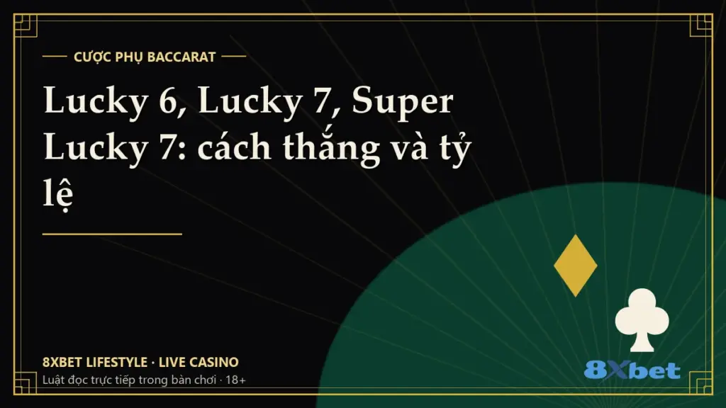 Thẻ bìa đen ánh vàng kiểu art-deco in tiêu đề Lucky 6, Lucky 7, Super Lucky 7: cách thắng và tỷ lệ