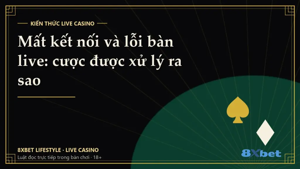 Thẻ bìa đen vàng phong cách art-deco với dòng chữ Mất kết nối và lỗi bàn live: cược được xử lý ra sao
