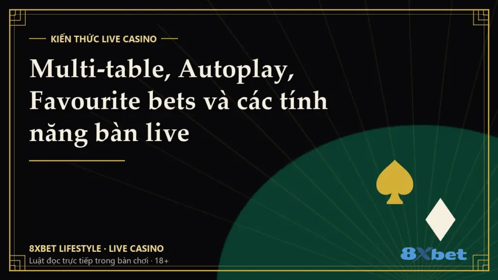 Thẻ bìa đen vàng phong cách art-deco với dòng chữ Multi-table, Autoplay, Favourite bets và các tính năng bàn live