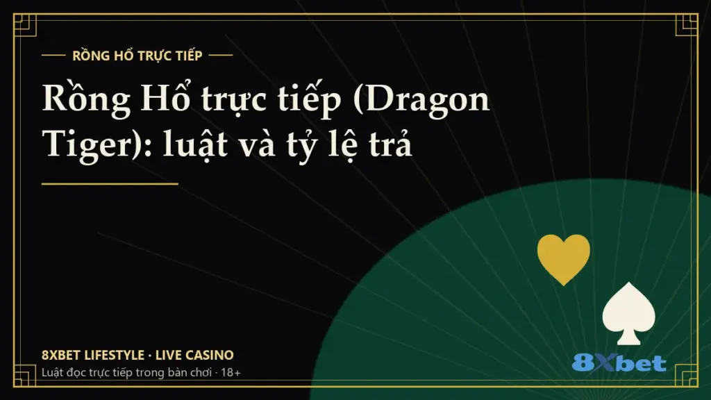 Thẻ bìa đen vàng art-deco ghi tiêu đề “Rồng Hổ trực tiếp (Dragon Tiger): luật và tỷ lệ trả”