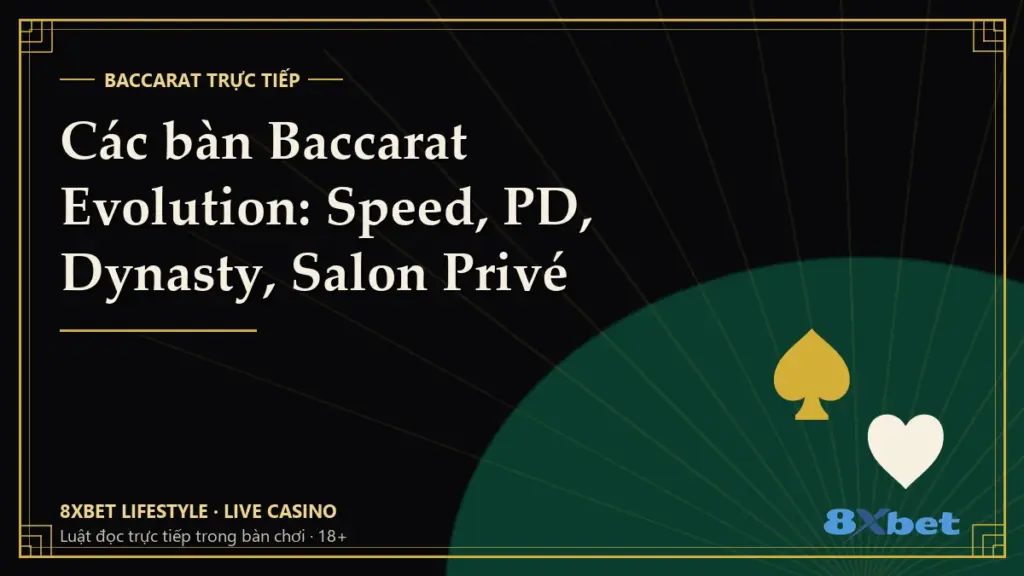 Thẻ bìa đen vàng art-deco in tiêu đề Các bàn Baccarat Evolution: Speed, PD, Dynasty, Salon Privé