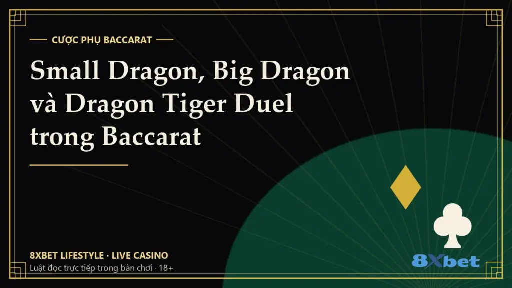 Thẻ bìa đen vàng art-deco in tiêu đề Small Dragon, Big Dragon và Dragon Tiger Duel trong Baccarat
