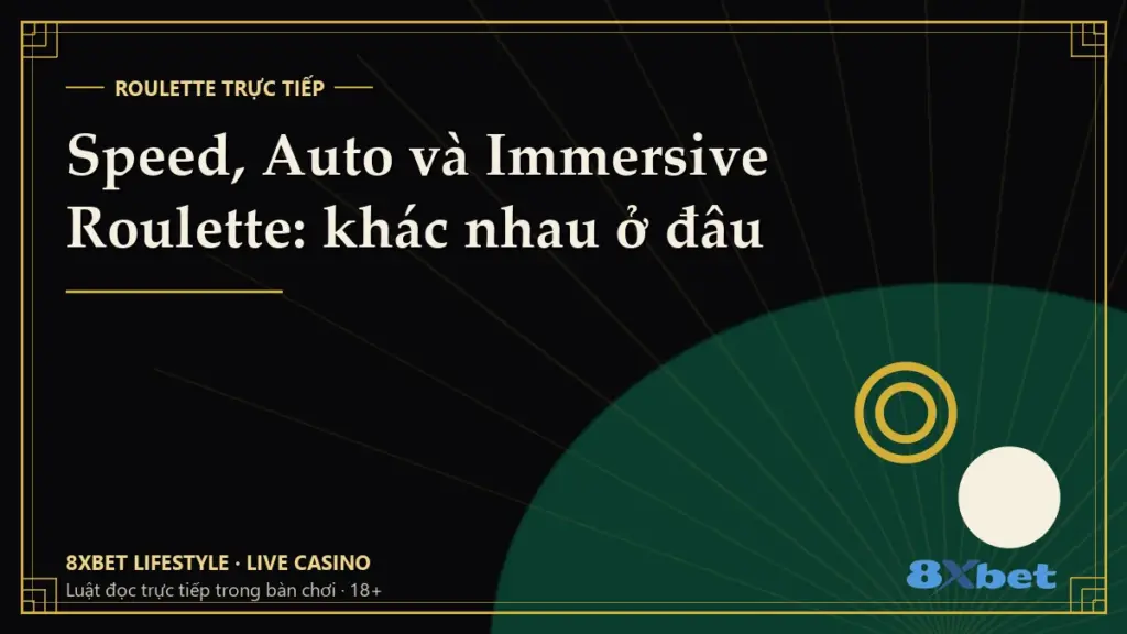 Thẻ bìa art-deco đen vàng ghi tiêu đề Speed, Auto và Immersive Roulette: khác nhau ở đâu