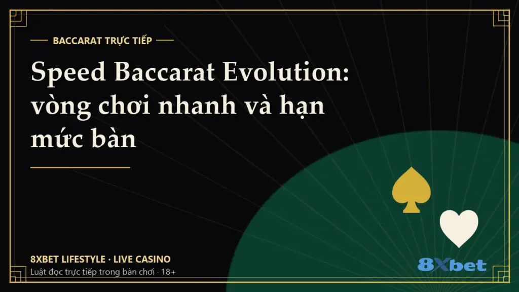 Thẻ bìa đen vàng art-deco in tiêu đề Speed Baccarat Evolution: vòng chơi nhanh và hạn mức bàn