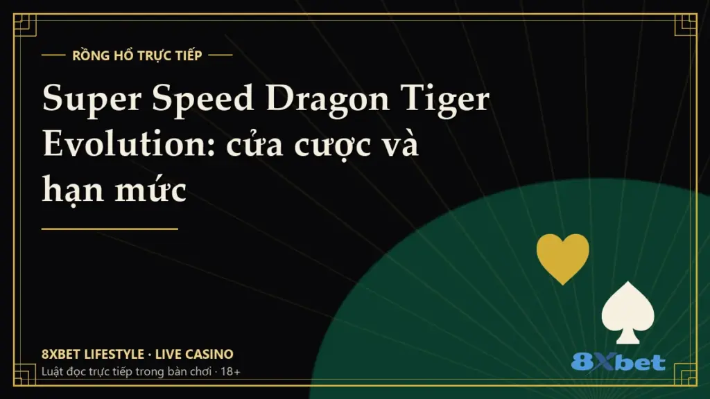 Thẻ bìa đen vàng art-deco ghi tiêu đề “Super Speed Dragon Tiger Evolution: cửa cược và hạn mức”