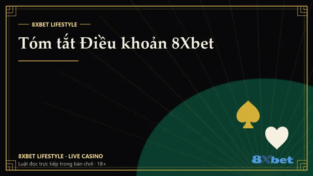 Tóm tắt Điều khoản 8Xbet Thẻ bìa đen vàng phong cách art-deco với tiêu đề Tóm tắt Điều khoản 8Xbet