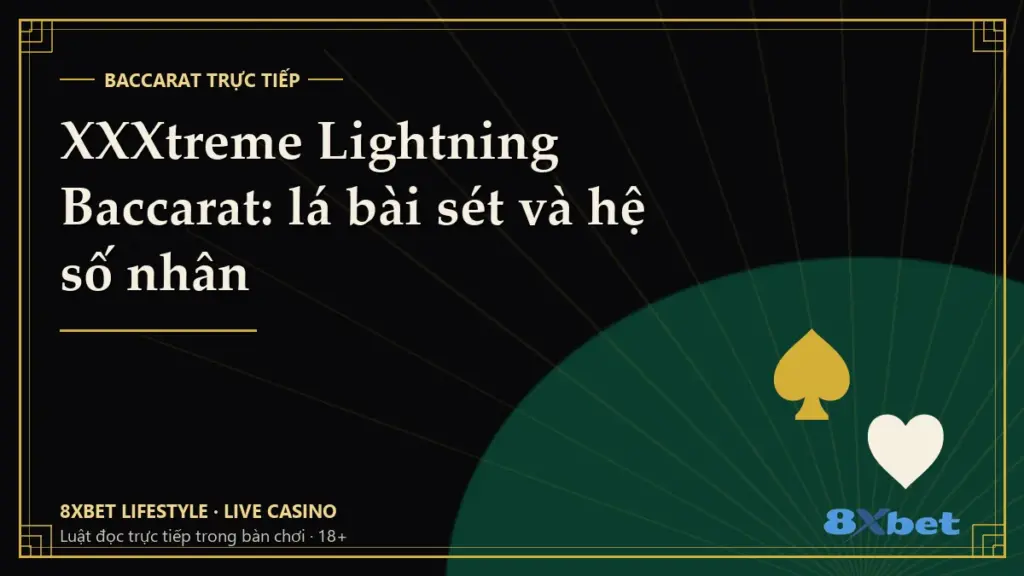 Thẻ bìa đen vàng art-deco in tiêu đề XXXtreme Lightning Baccarat: lá bài sét và hệ số nhân