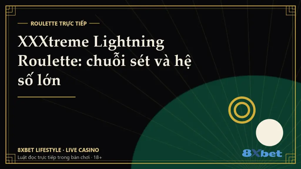 Thẻ bìa art-deco đen vàng có dòng chữ XXXtreme Lightning Roulette: chuỗi sét và hệ số lớn